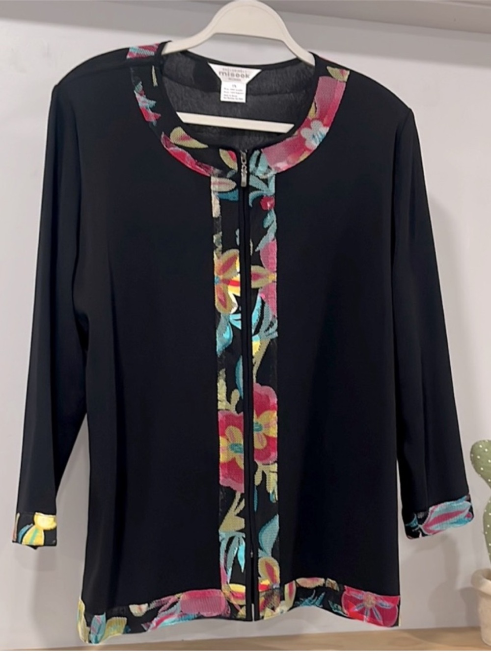 Missok Classic Black Zip Front Floral Mesh Trim Cardigan Sweater, , Size 1X